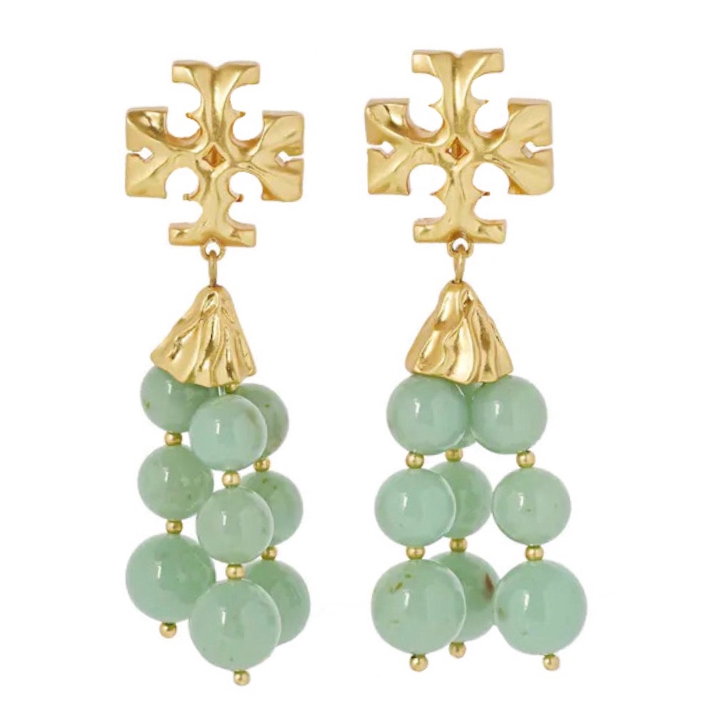 TORY BURCH • Roxanne Tassel Green Azure Runway Logo Earrings
